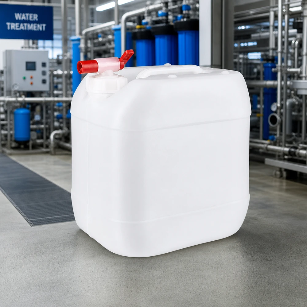 Quaderförmiger PE-Kanister 15L mit integriertem Auslaufventil für Wasserbehandlung