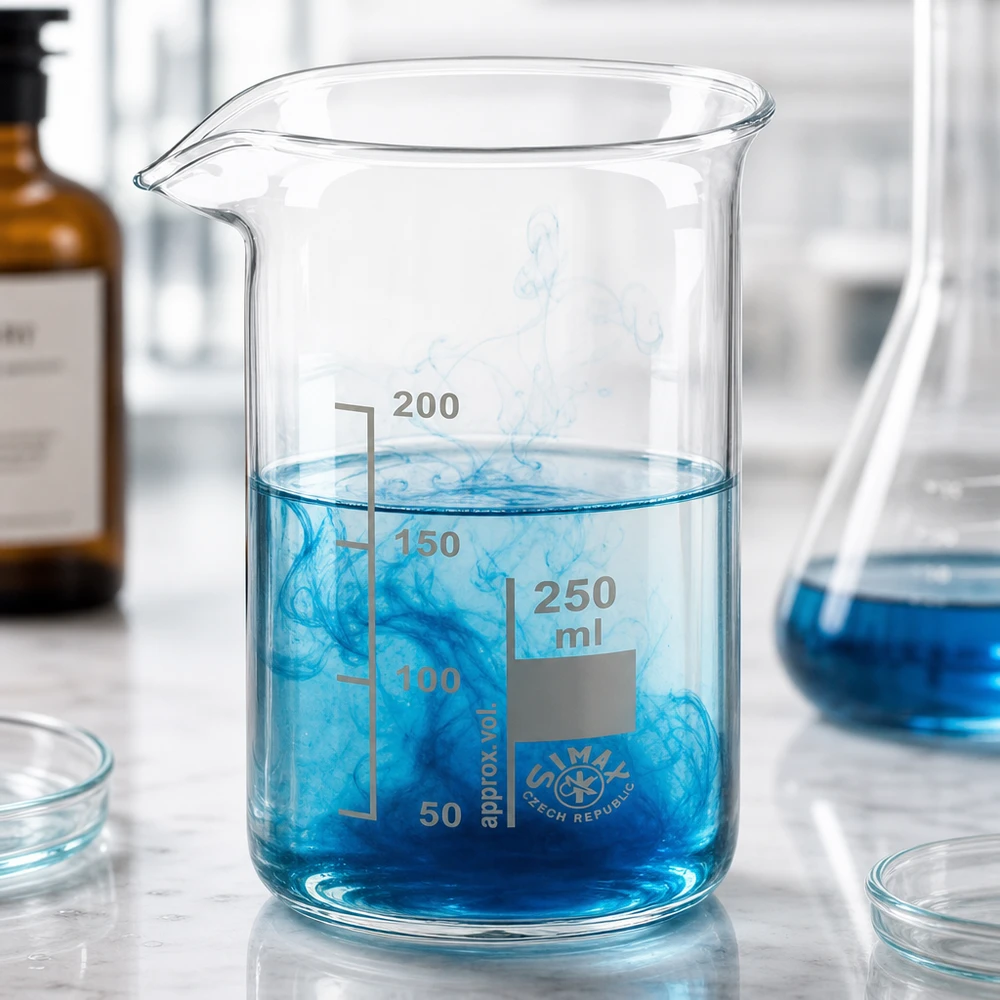 Klares Becherglas 250ml mit blauer Tinte die sich in Wasser auflöst Laborexperiment