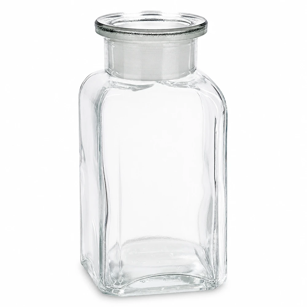 Rechteckige Glasflasche 100ml klar mit Weithals und passendem Glasstopfen