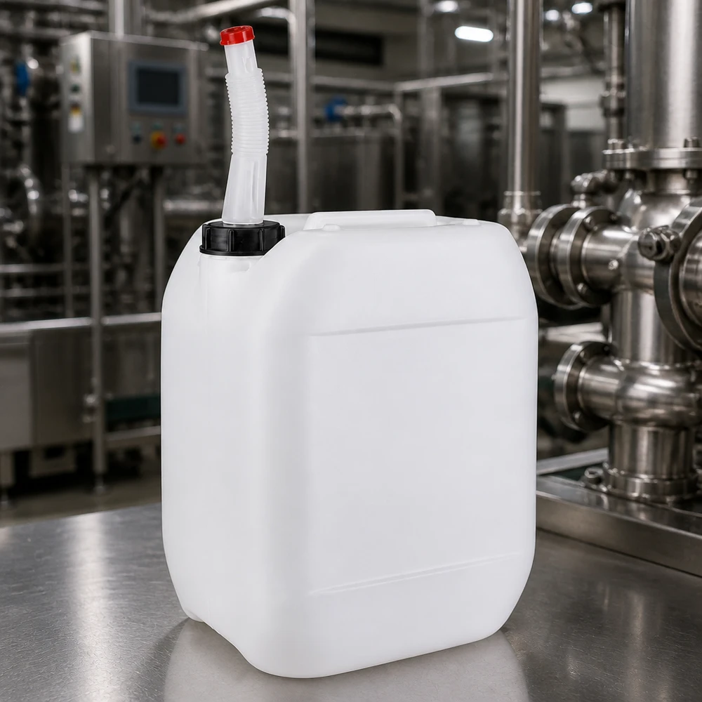 Robuster Kunststoffbehälter 10 L mit drehbarem Flex-Rohr für präzises Abfüllen und Dosieren