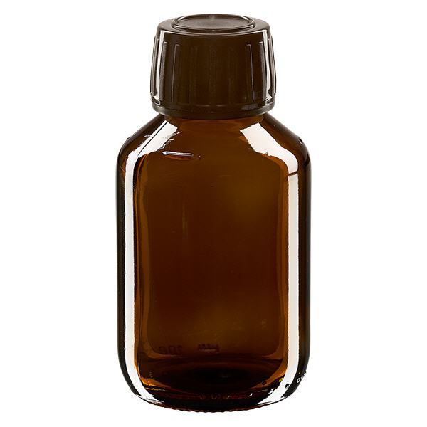 100ml Medizinflasche braun, Verschluss braun mit Originalitätsring ApoGlas 100ml Medizinflasche braun, Verschluss braun mit Originalitätsring ApoGlas