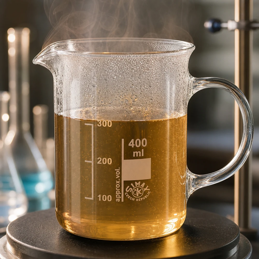 Simax Becherglas 400ml mit Griff erhitzte Probe Kondenstropfen Borosilikatglas Laborchemie