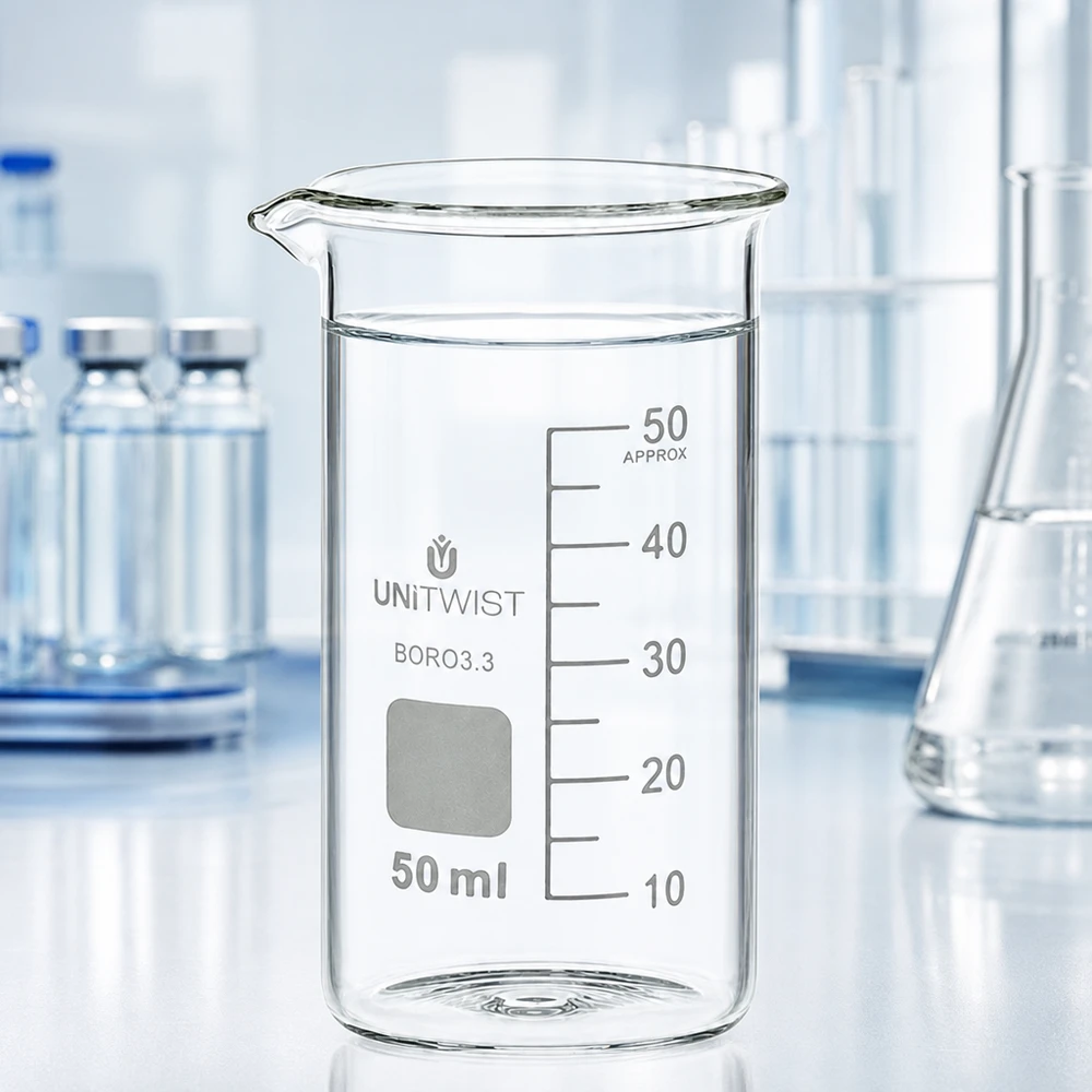 UNITWIST 50ml Becherglas hohe Form Borosilikat mit Erlenmeyer und Ampullen im Hintergrund