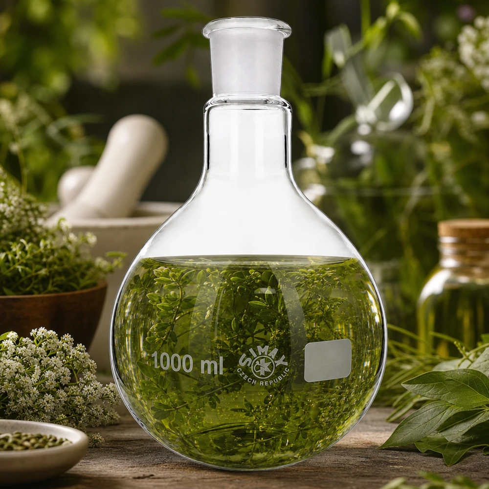 Stehkolben 1000ml mit Normschliff (29/32) Chemiekolben 1000ml mit botanischem Auszug und standardisiertem Glasschliff für Forschungszwecke