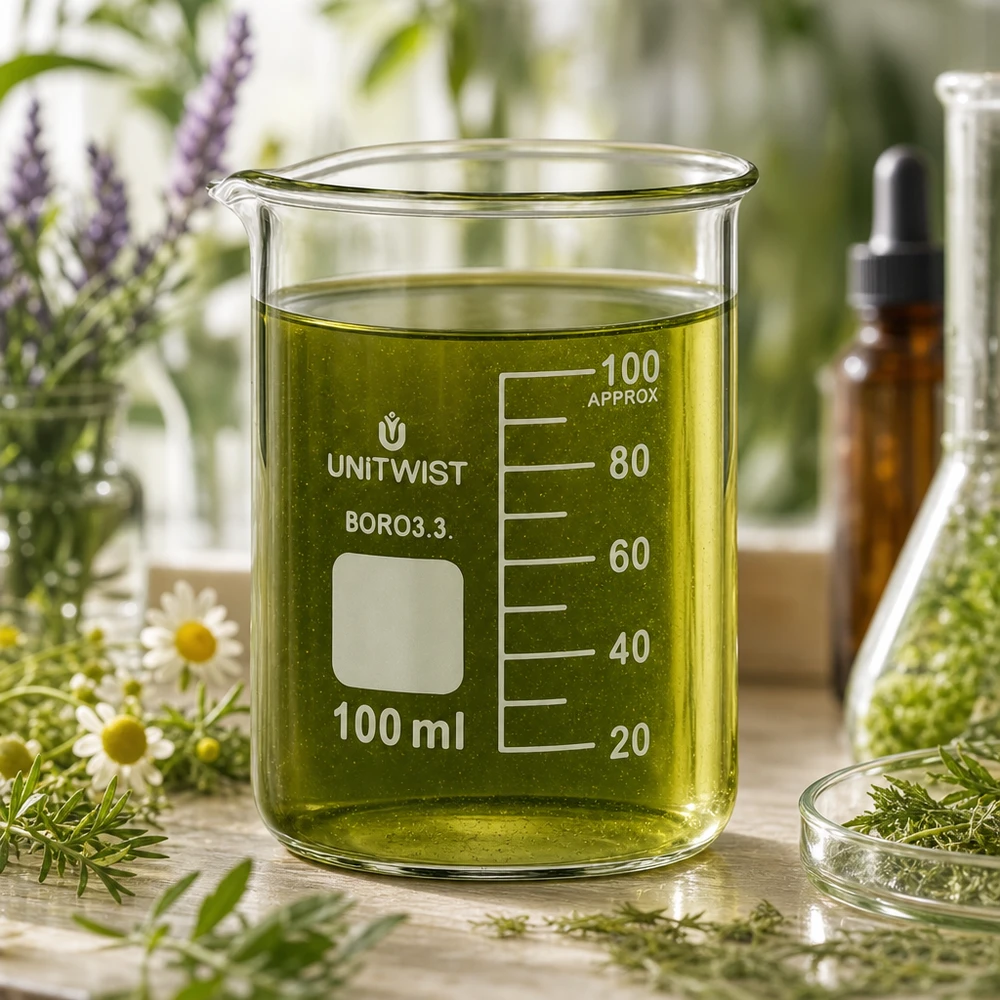 Graduiertes Becherglas 100ml mit grünem Pflanzenextrakt auf Holzoberfläche mit Kamillenblüten