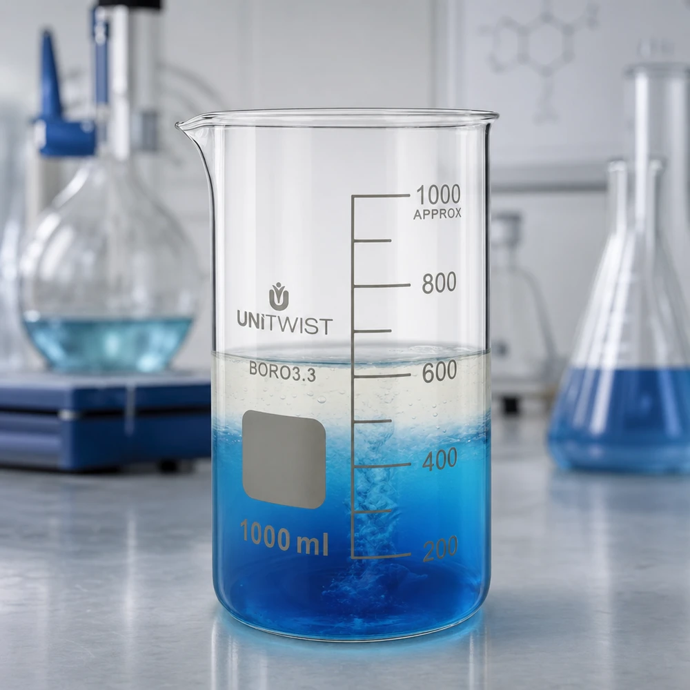 Becherglas hohe Form 1000ml UNITWIST Borosilikat mit reaktiver blauer Chemikalie gefüllt