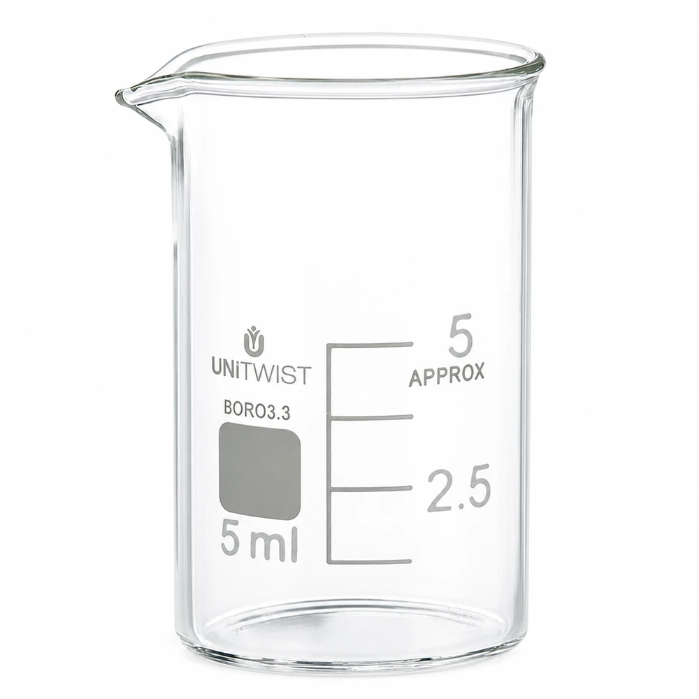 Becherglas 5ml Borosilikat, niedrige Form UNiTWIST Transparentes Messbecherglas 5ml Borosilikat niedrige Form mit weißer Skala und Ausguss