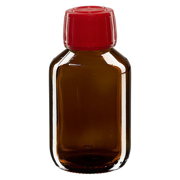 100ml Medizinflasche braun, Verschluss rot mit Originalitätsring ApoGlas 100ml Medizinflasche braun, Verschluss rot mit Originalitätsring ApoGlas
