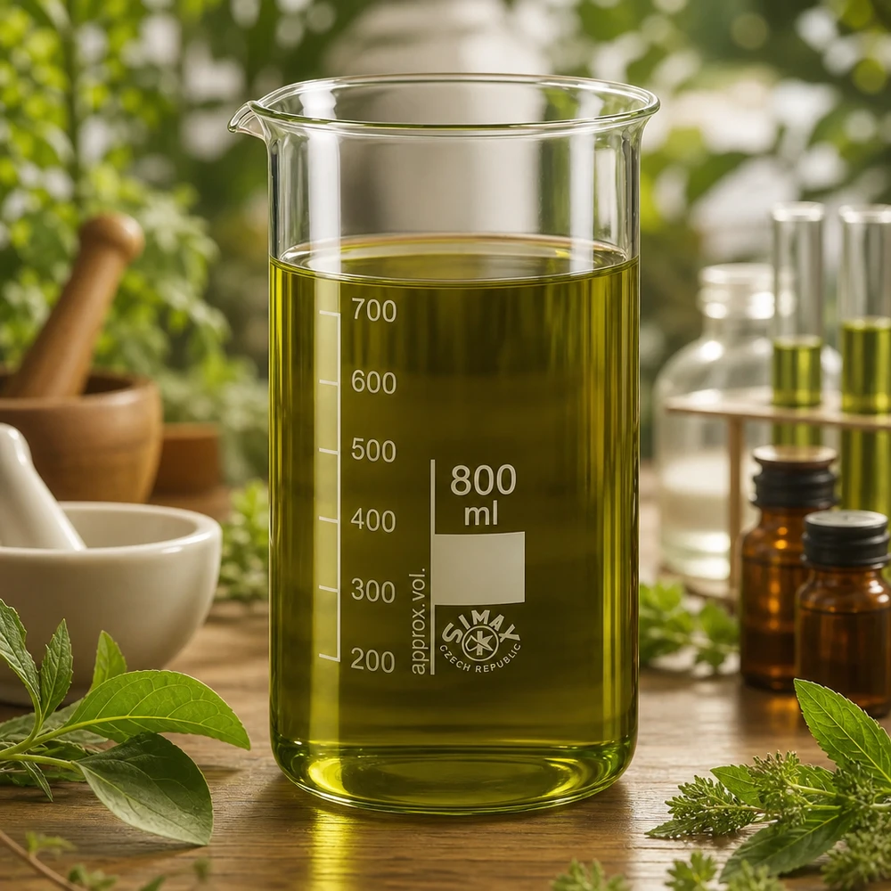 Zylindrisches Becherglas 800ml hohe Form mit Ausguss neben Braunglasfläschchen und Reagenzgläsern