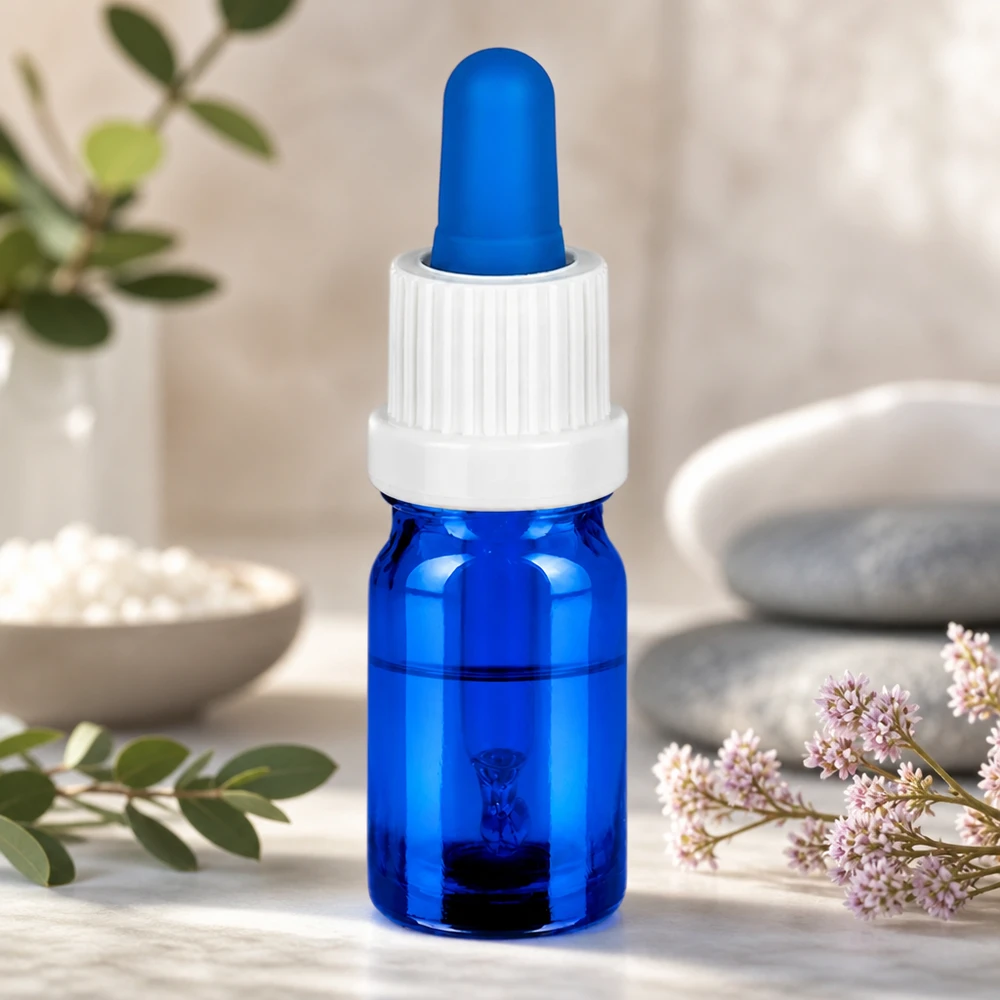 Stilvolle 5ml Glasflasche mit Pipette in Blau-Weiß für hochwertige ätherische Öle und Tinkturen