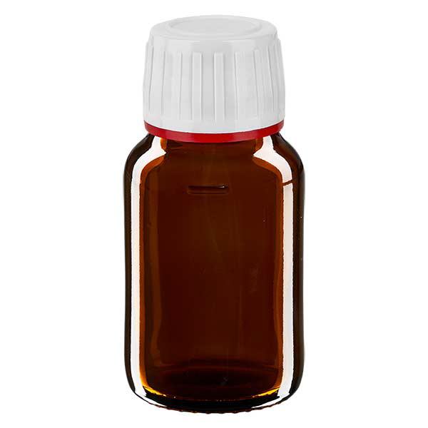 30ml Medizinflasche braun, Verschluss weiß mit Originalitätsring rot ApoGlas 30ml Medizinflasche braun, Verschluss weiß mit Originalitätsring rot ApoGlas