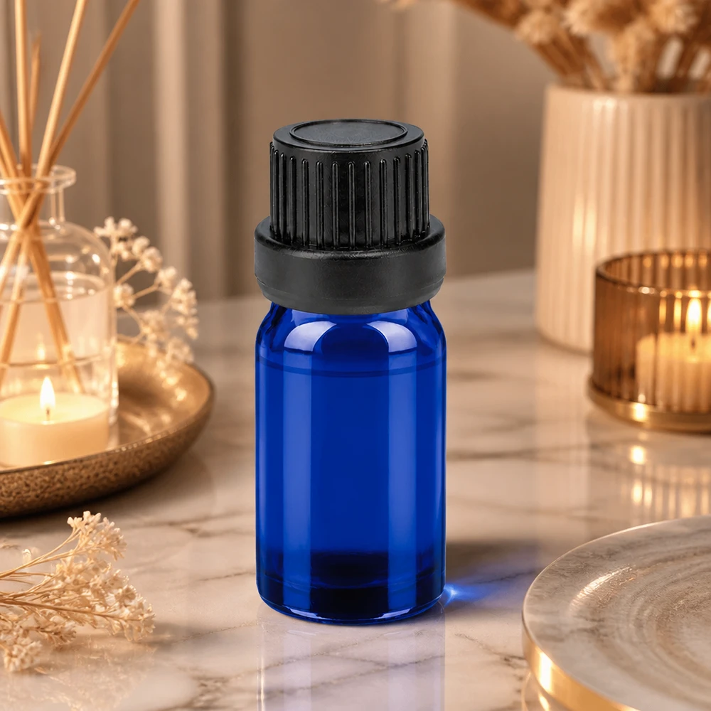 Vielseitige 5ml blaue Glasflasche mit Tropfverschluss für Parfum Seren und Tinkturen