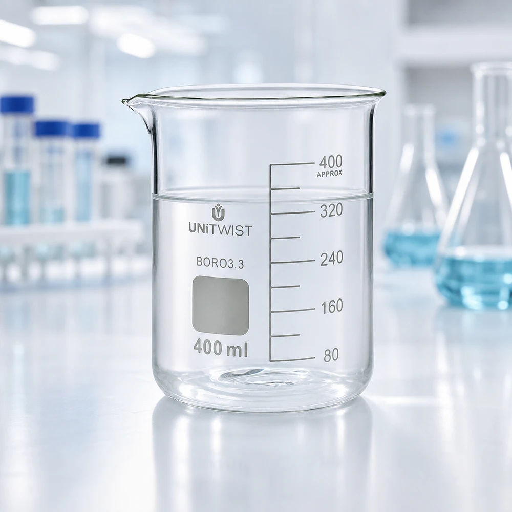 Chemielabor-Becherglas 400ml niedriger Form aus transparentem Borosilikatglas mit Ausgießer