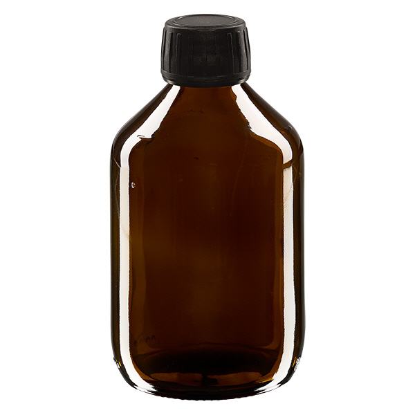 300ml Medizinflasche braun, Verschluss schwarz mit Originalitätsring ApoGlas 300ml Medizinflasche braun, Verschluss schwarz mit Originalitätsring ApoGlas