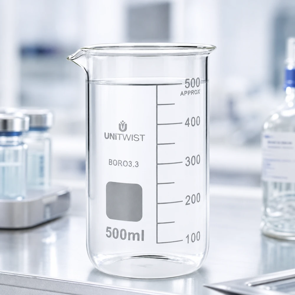 Becherglas 500ml Borosilikat, hohe Form UNiTWIST Hitzebeständiges Becherglas 500ml Boro 3.3 hohe Form mit grauem Beschriftungsfeld UNITWIST