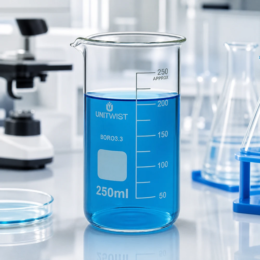 Becherglas 250ml Borosilikat, hohe Form UNiTWIST Borosilikat Laborglas UNITWIST 250ml hohe Form mit Beschriftungsfeld und Skala