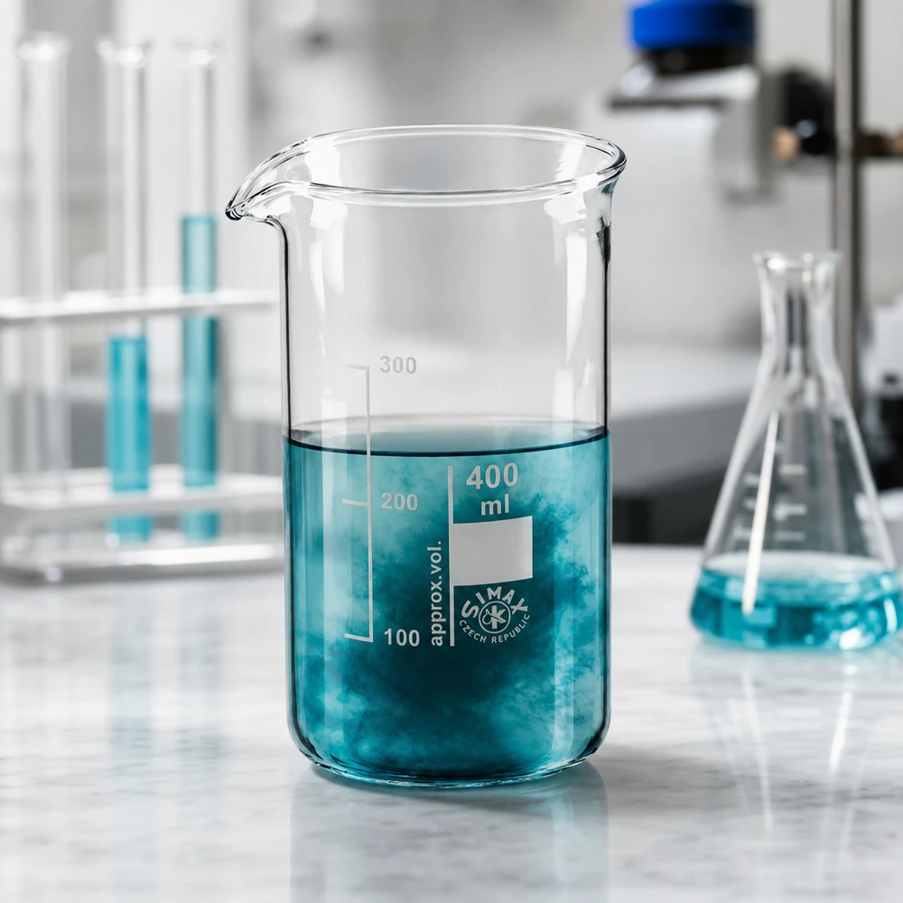 Laborglasware Becherglas 400ml hohe Form SIMAX mit sichtbarer Reaktion in blauer Flüssigkeit