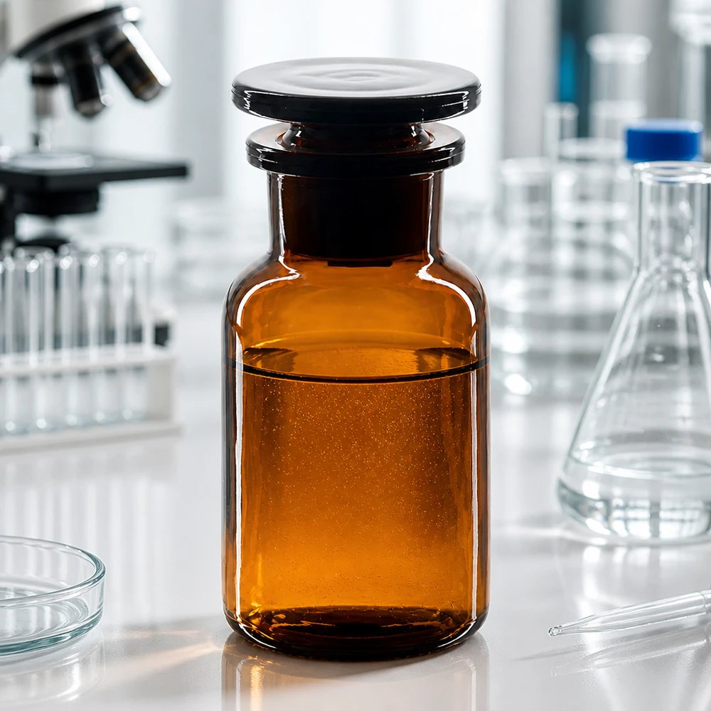 Bernsteinglas Weithalsflasche 100ml Rundschulter mit schwarzem Stopfen auf weißer Laborfläche