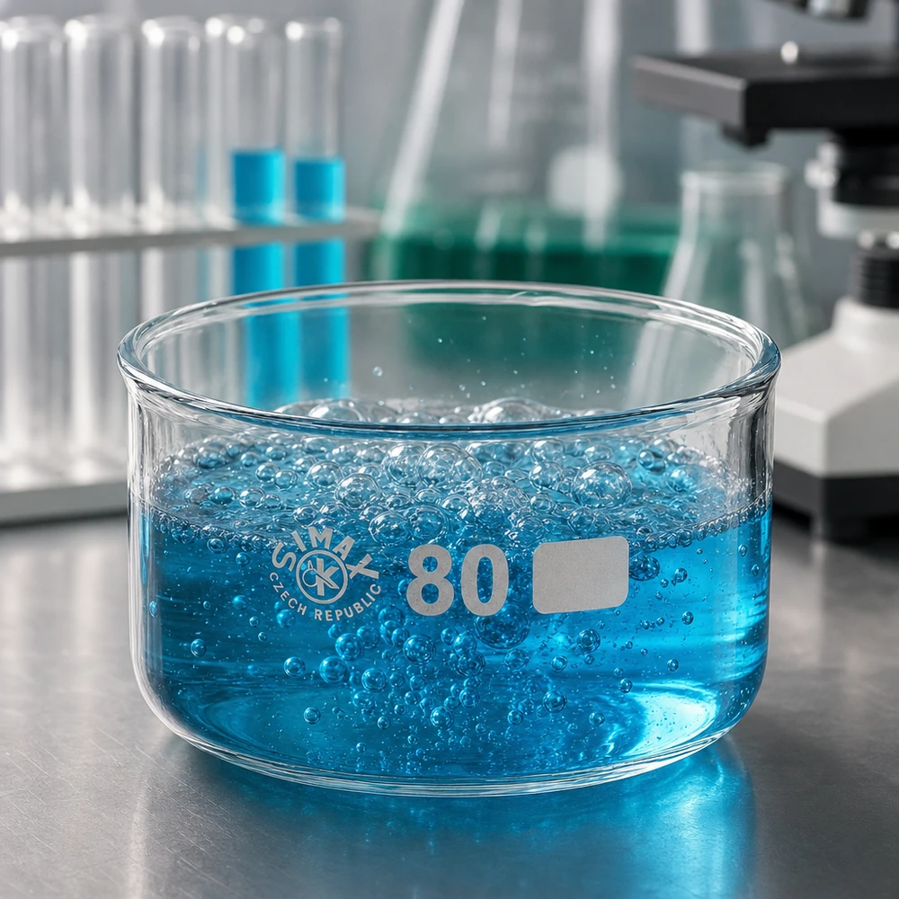 Flache Borosilikatglas-Schale 80mm mit blauer brodelnder Lösung für chemische Analysen