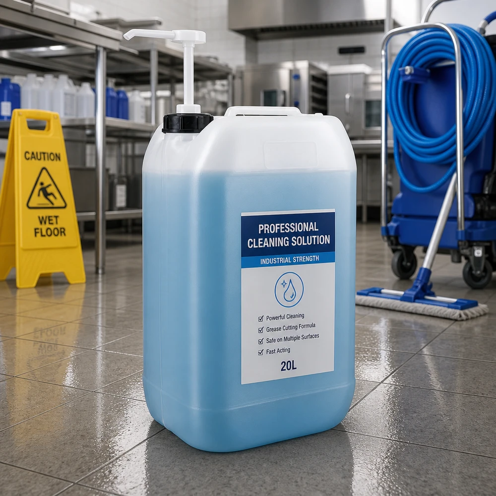 Robuster Rechteckkanister 15 Liter mit ergonomischer Dosierpumpe für Reinigungsmittel in Großküchen