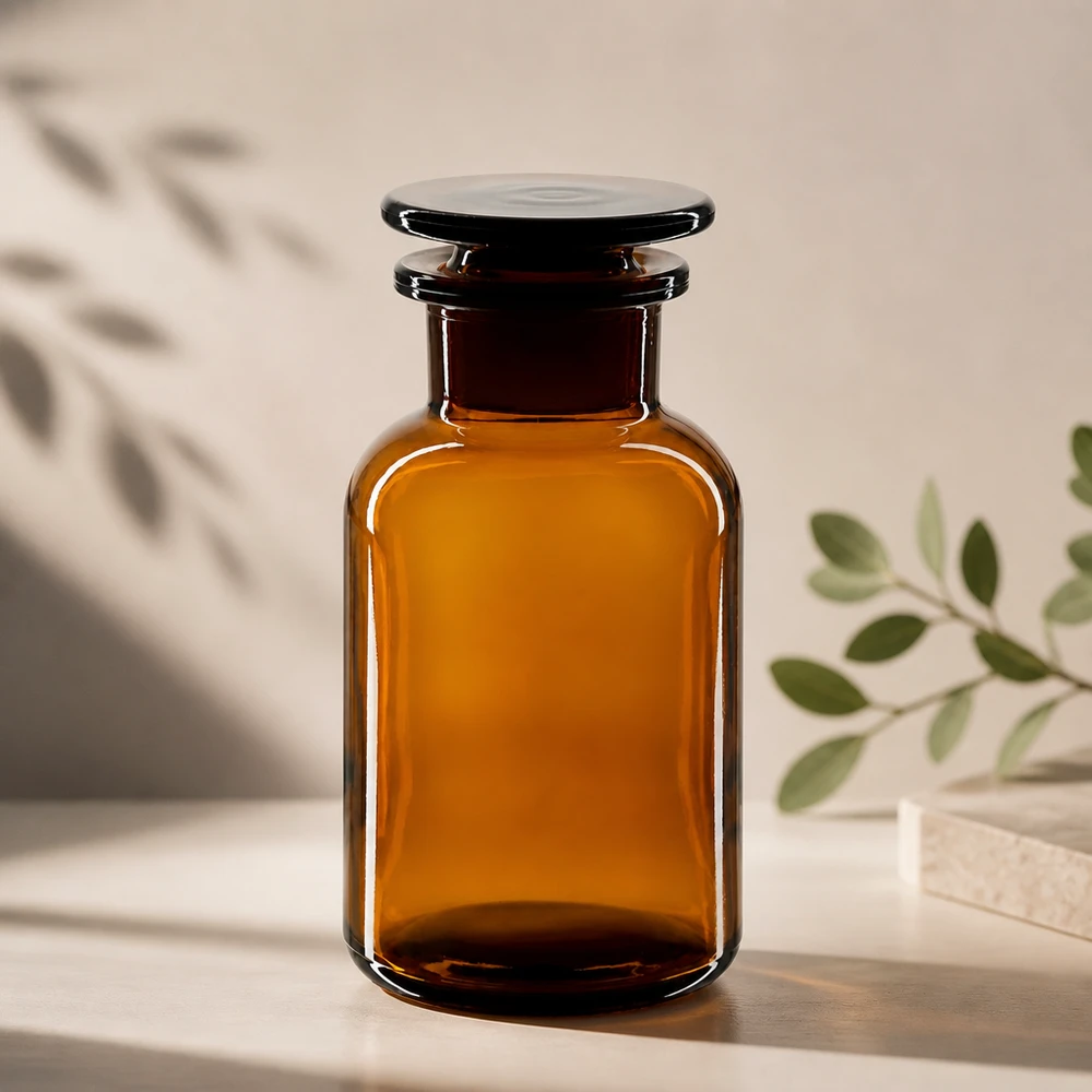 Lichtschutzflasche Glas 250ml Weithals braun flacher Glasstopfen für Pharmazie Kosmetik