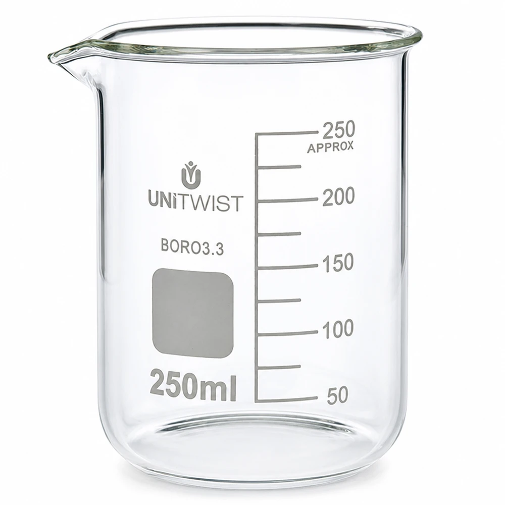Becherglas 250ml Borosilikat, niedrige Form UNiTWIST UNiTWIST 250ml Messbecherglas Borosilikat niedrige Form mit Beschriftungsfeld grau