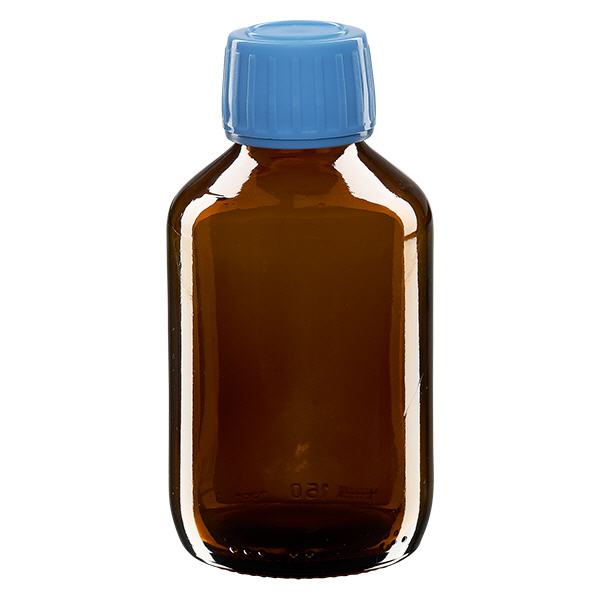 150ml Medizinflasche braun, Verschluss blau mit Originalitätsring ApoGlas 150ml Medizinflasche braun, Verschluss blau mit Originalitätsring ApoGlas