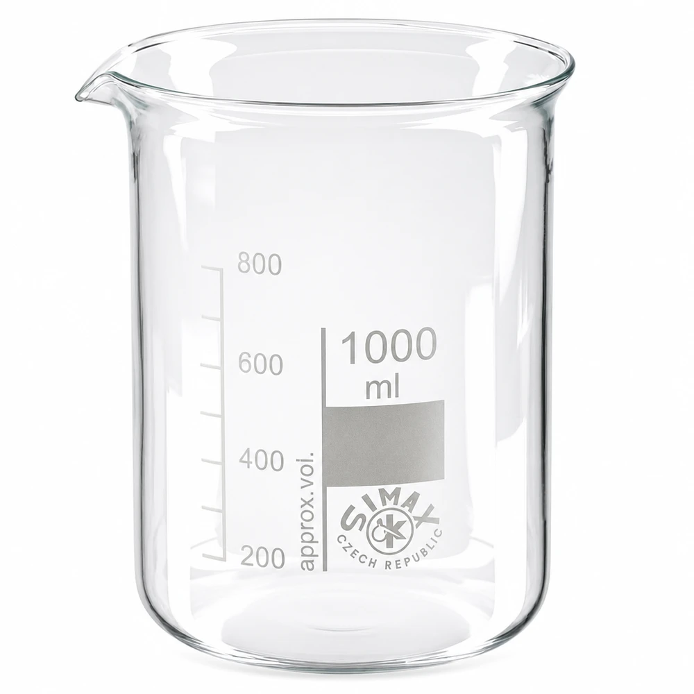 Becherglas 1000ml Borosilikatglas, niedrige Form Großes Becherglas 1 Liter Fassungsvermögen aus säurebeständigem Borosilikatglas niedrige Form