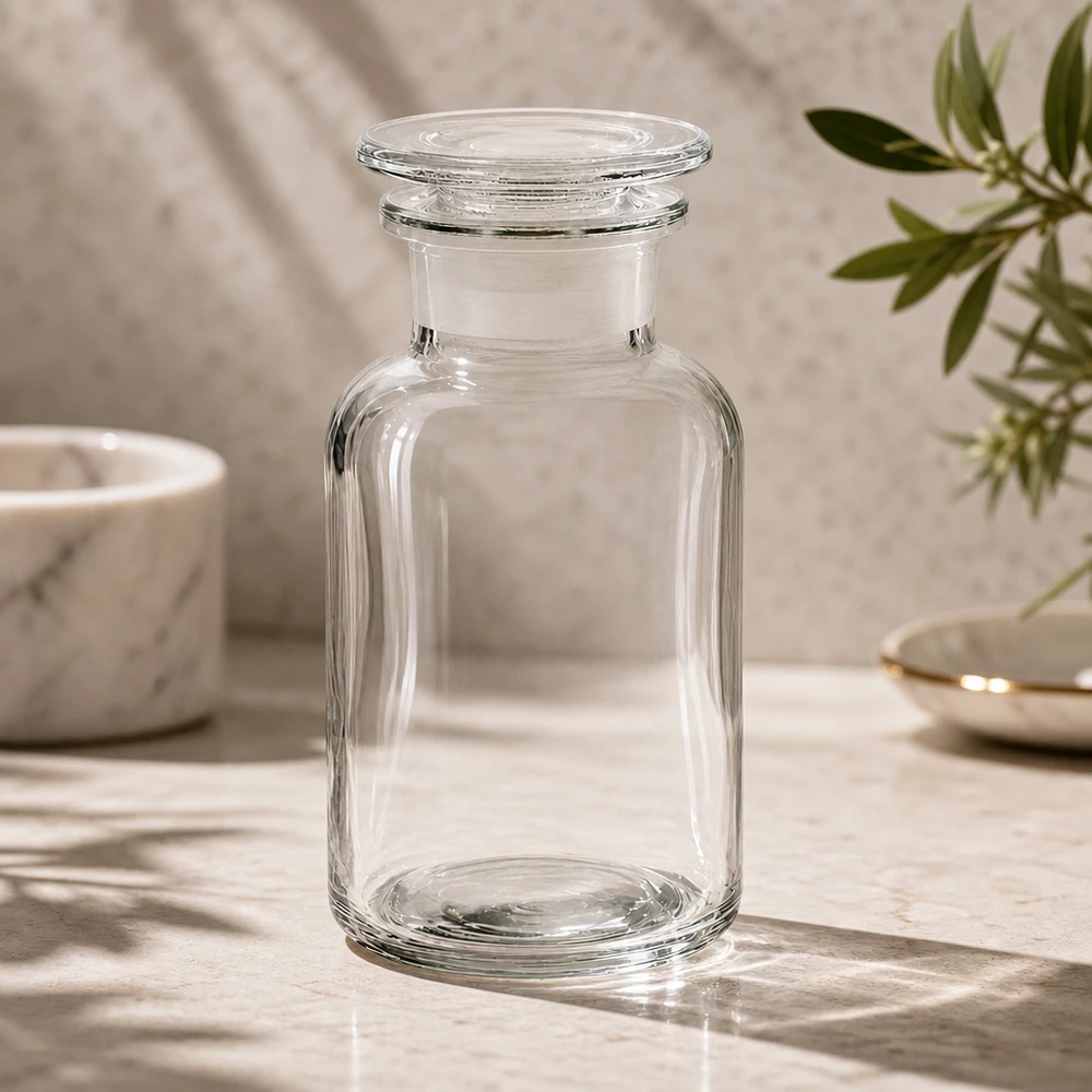 Rundschulterfl. 250ml klar Weithals Glasstopfen Dekorative Glasflasche 250ml Weithals mit Stopfen für Öle Essenzen und Naturkosmetik geeignet