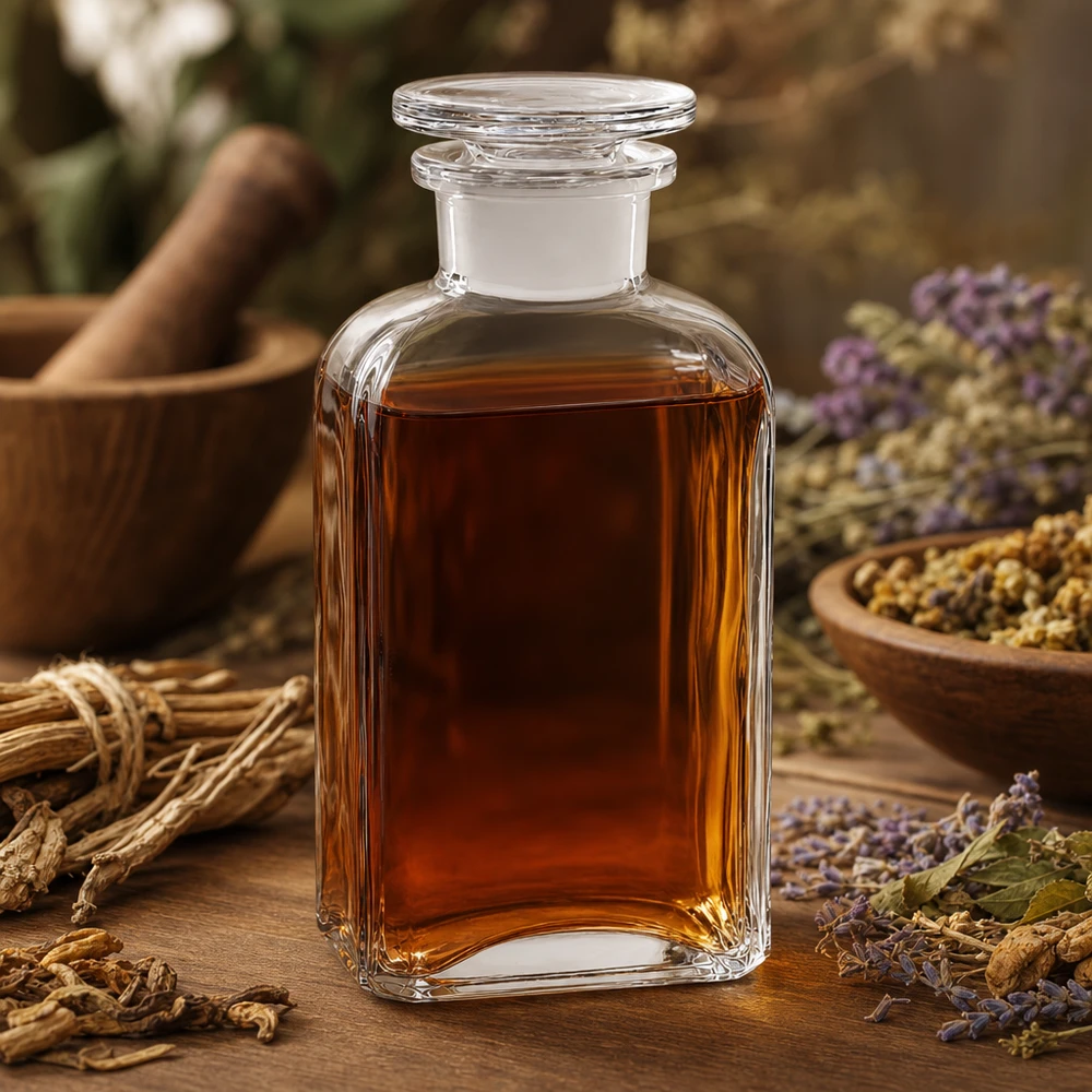 Apothekerische Vierkantflasche 250ml klar mit Glasstopfen neben Mörser und getrockneten Kräutern