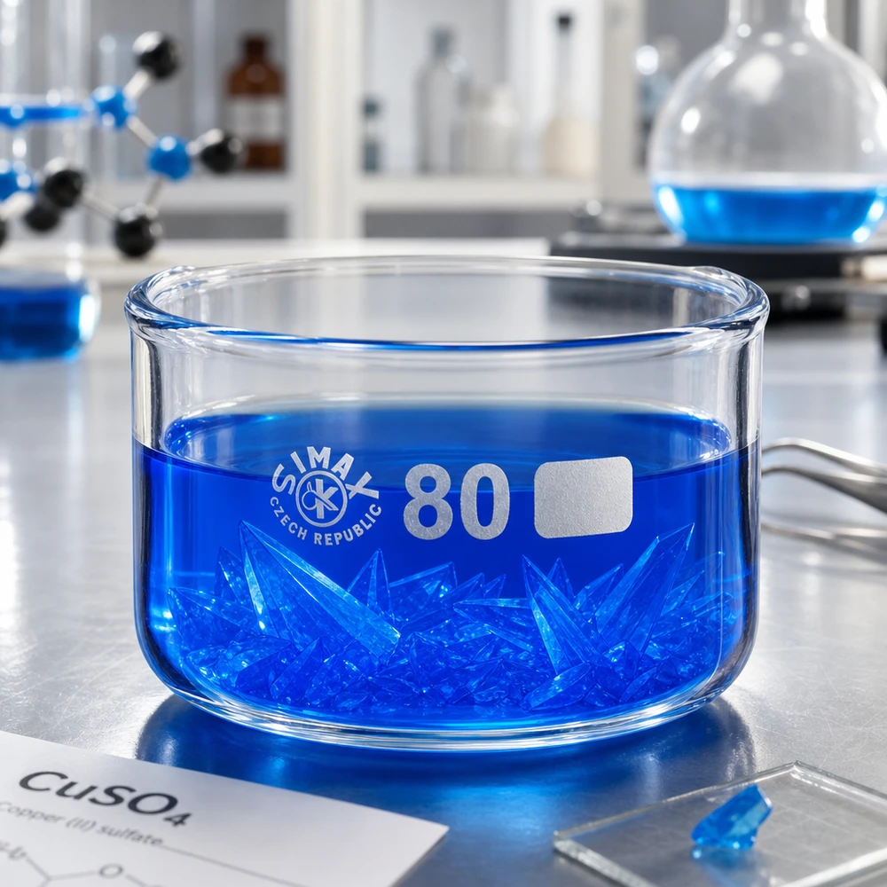 Kristallisationsexperiment mit blauer Lösung in flacher Glasschale 80mm SIMAX Tschechien