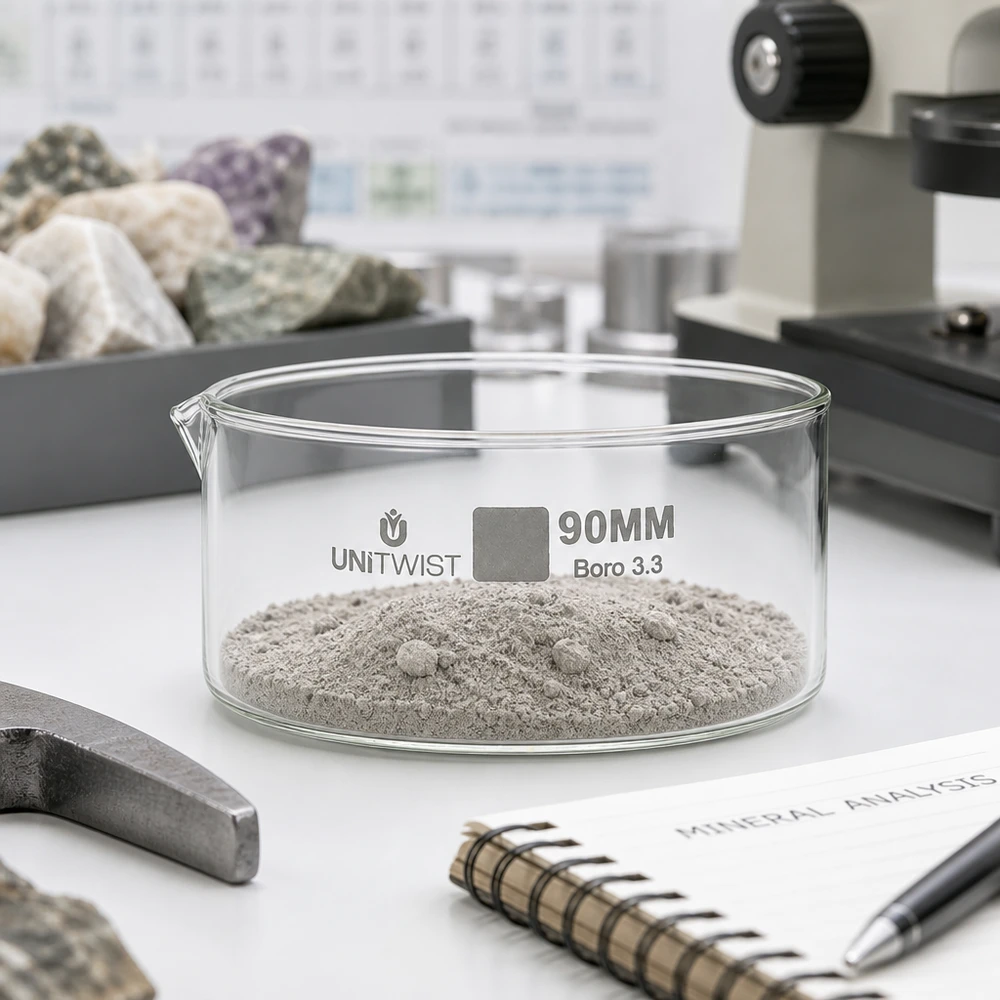 Niedrige Glasschale 90mm Borosilikat UNiTWIST für Geologie Mineralproben Pulveranalyse