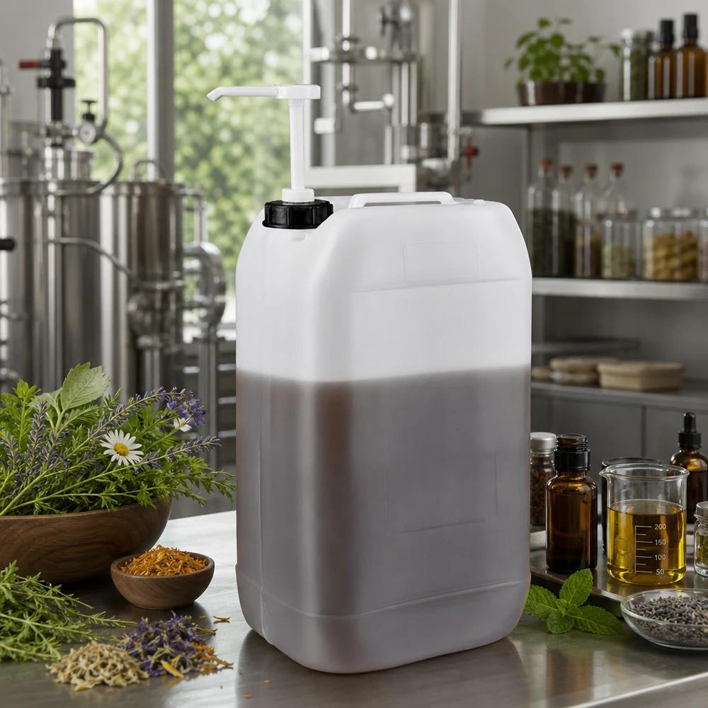 Hygienischer Großgebinde-Kanister 15 Liter mit Pumpspender in moderner Naturkosmetik-Manufaktur