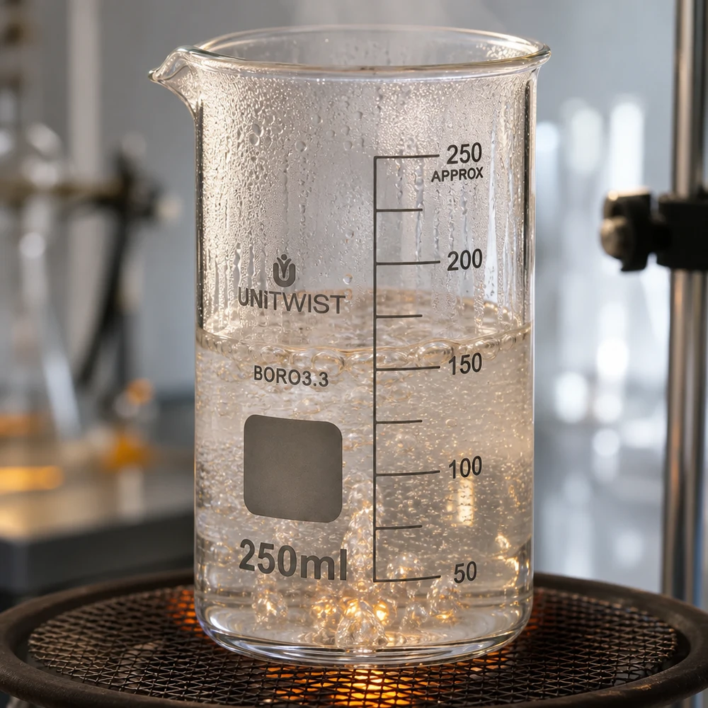Becherglas 250ml Borosilikat, hohe Form UNiTWIST Laborversuch mit UNITWIST Becherglas 250ml hohe Form siedende Flüssigkeit bei 150ml