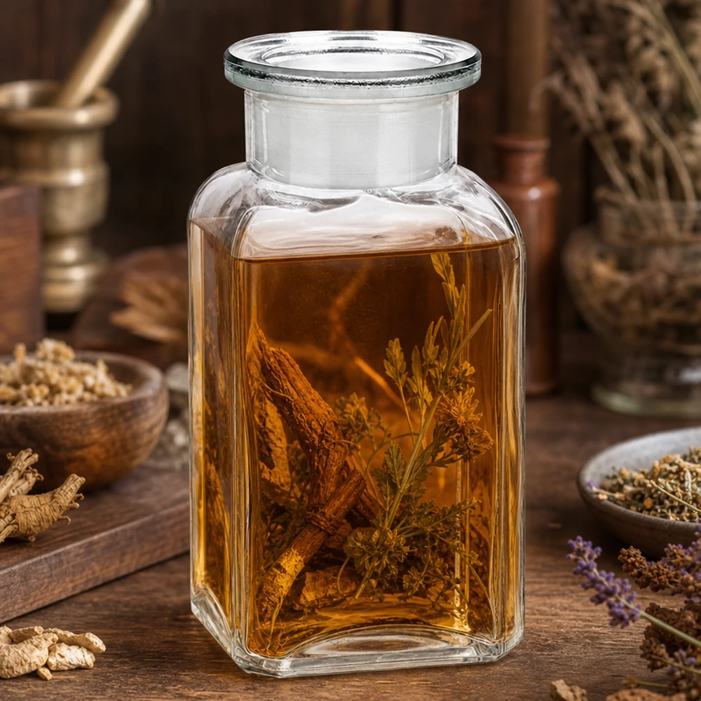 Befüllbare Vierkantflasche 100ml klar für Tinkturen Öle und Naturheilkunde auf Holzunterlage