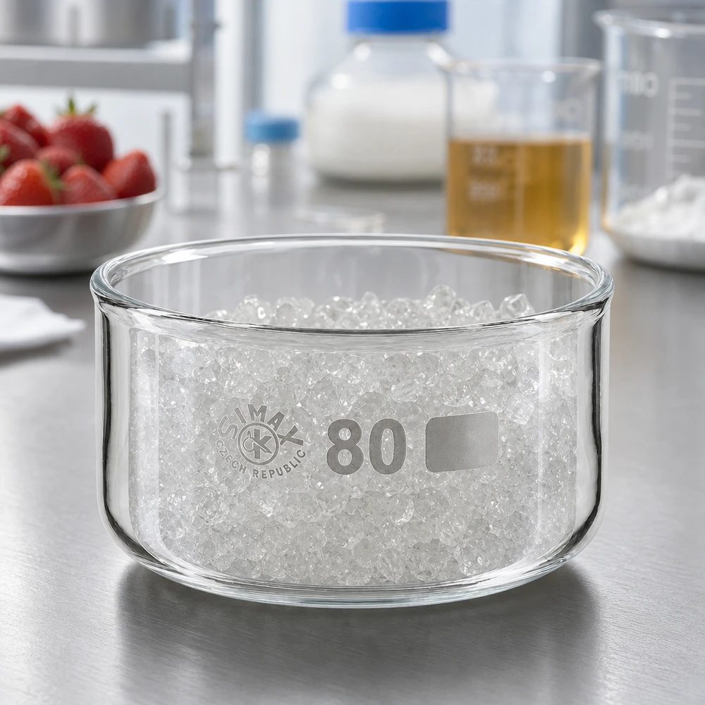 Robuste Glasschale für chemische Analyse 150ml ø80mm mit körnigem Inhalt Laborumgebung