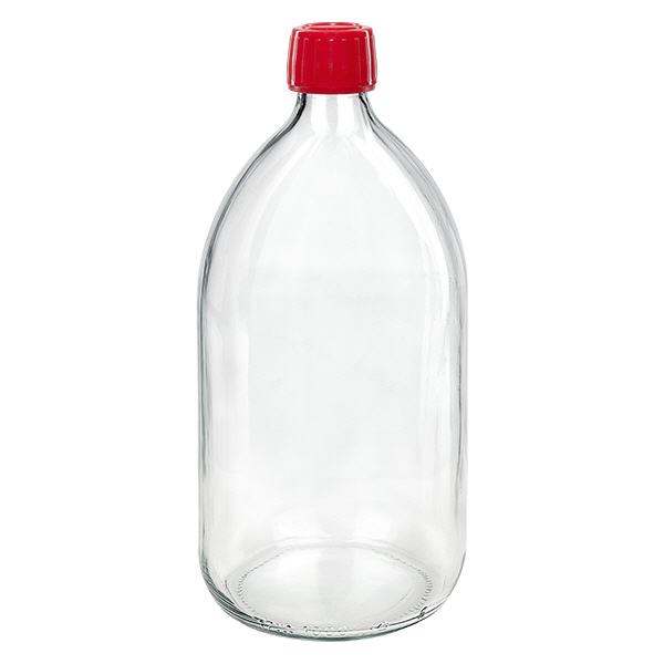 1000ml Medizinflasche klar, Verschluss rot mit Originalitätsring ApoGlas 1000ml Medizinflasche klar, Verschluss rot mit Originalitätsring ApoGlas