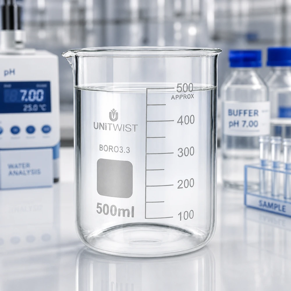 Becherglas 500ml Borosilikat, niedrige Form UNiTWIST Professionelles Laborglas UNiTWIST 500ml niedrige Becherglasform mit eingeätztem Markenlogo