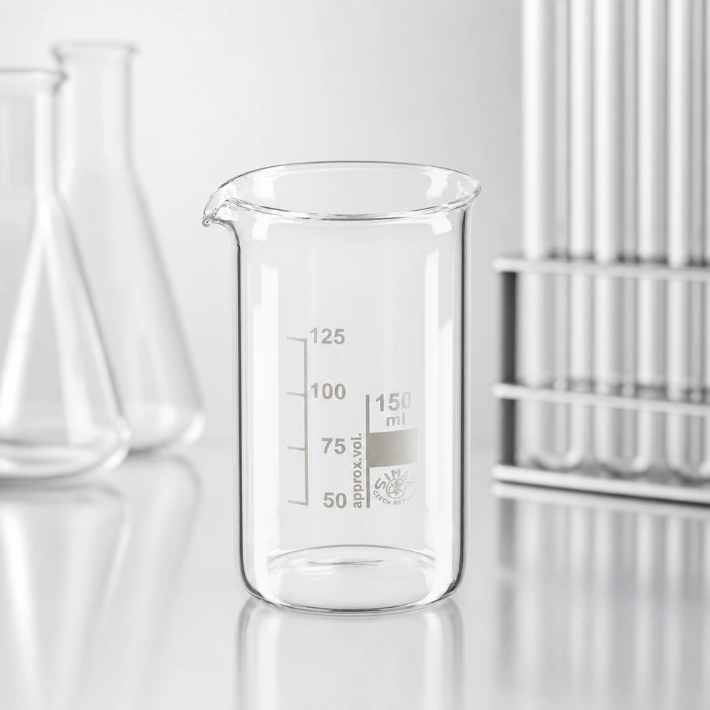 Griffsicheres Laborbecherglas 150ml hohe Form aus hitzebeständigem Borosilikatglas mit Skala