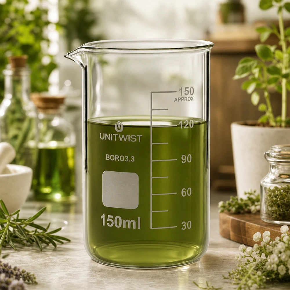 Becherglas 150ml Borosilikat, hohe Form UNiTWIST UNITWIST Borosilikat Becherglas 150ml hohe Form mit grünem Inhalt zwischen Rosmarinzweigen und Kräutern