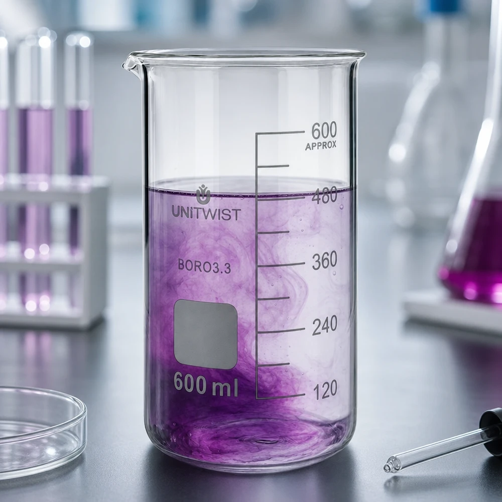 Laboraufbau mit UNITWIST Becherglas 600ml hohe Form Reagenzgläsern und Erlenmeyerkolben