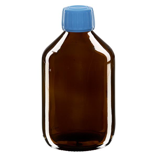 300ml Medizinflasche braun, Verschluss blau mit Originalitätsring ApoGlas 300ml Medizinflasche braun, Verschluss blau mit Originalitätsring ApoGlas