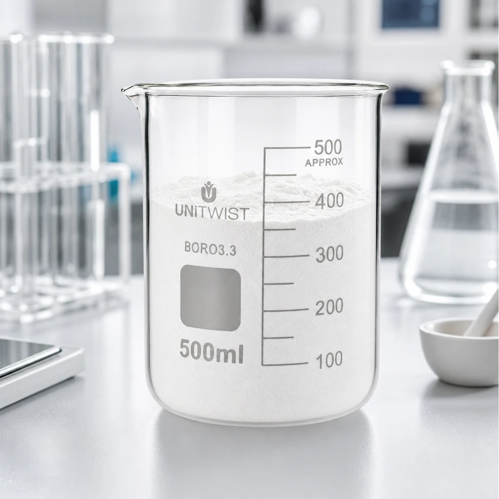UNiTWIST Borosilikat Becherglas 500ml niedrige Form mit weißem Laborpulver und Messskala