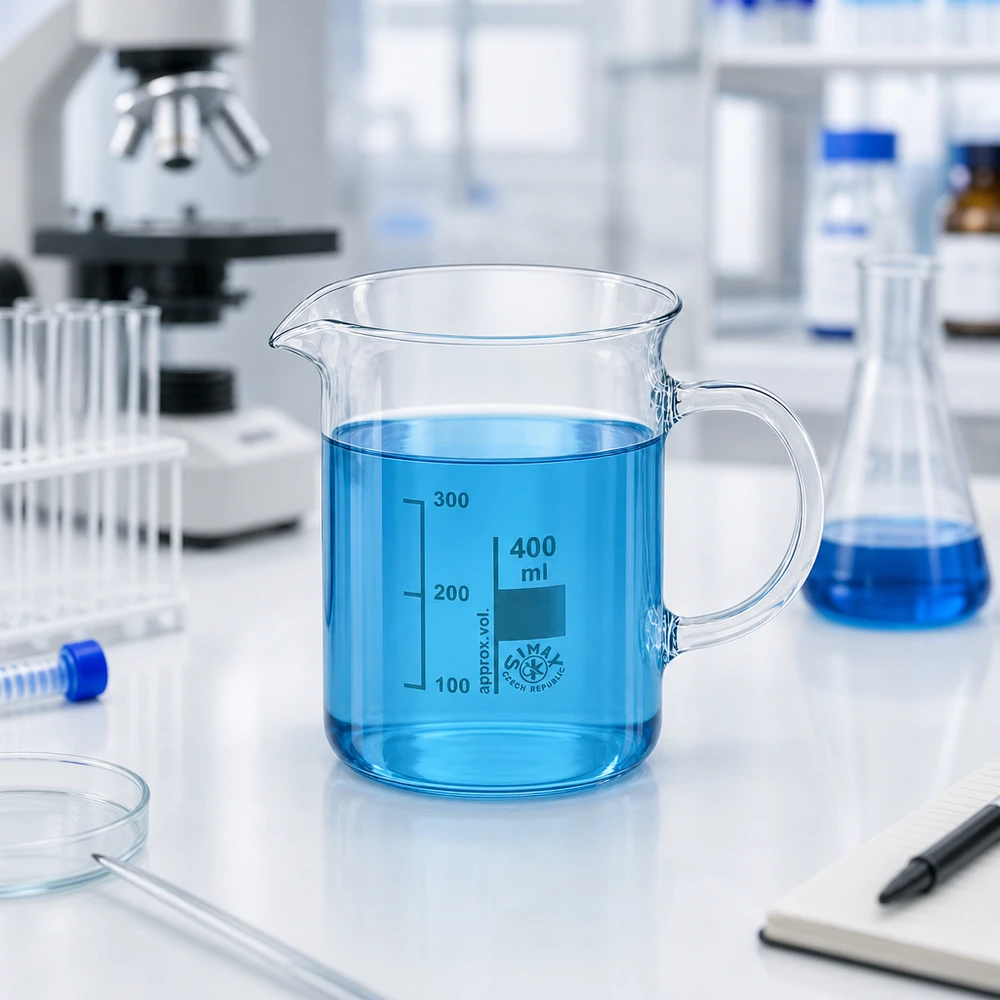 Transparentes Laborglas 400ml mit Henkel und Skala für präzises Abmessen
