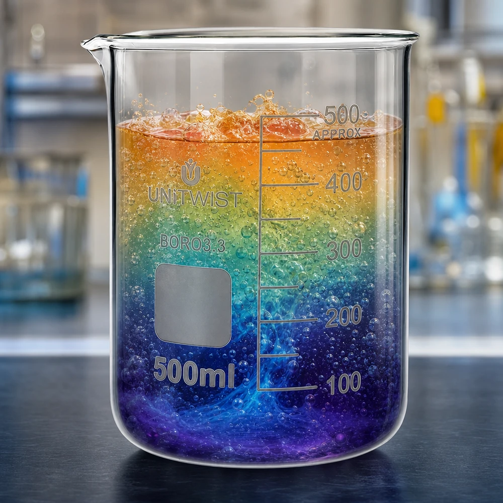 Reagenzglas-Alternatve UNiTWIST Becherglas 500ml niedrige Form mit violett-orange Farbverlauf