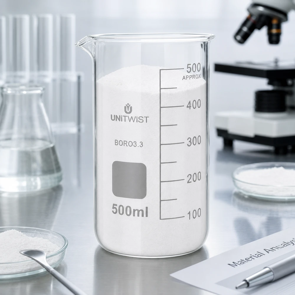 Laborbecherglas hohe Form 500ml aus Borosilikat mit weißem Analysematerial befüllt