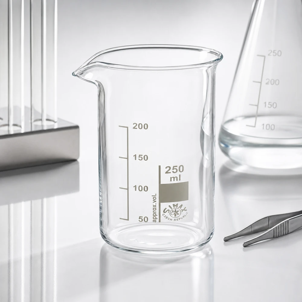 Becherglas 250ml hohe Form dickwandig aus Borosilikatglas mit Schnauze für sicheres Ausgießen