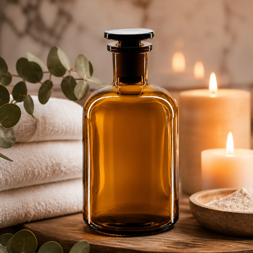 Rundschulterfl. 250ml braun Enghals Glasstopfen Dekorative Aufbewahrungsflasche 250ml braun Enghals Glasstopfen für Wellness Produkte