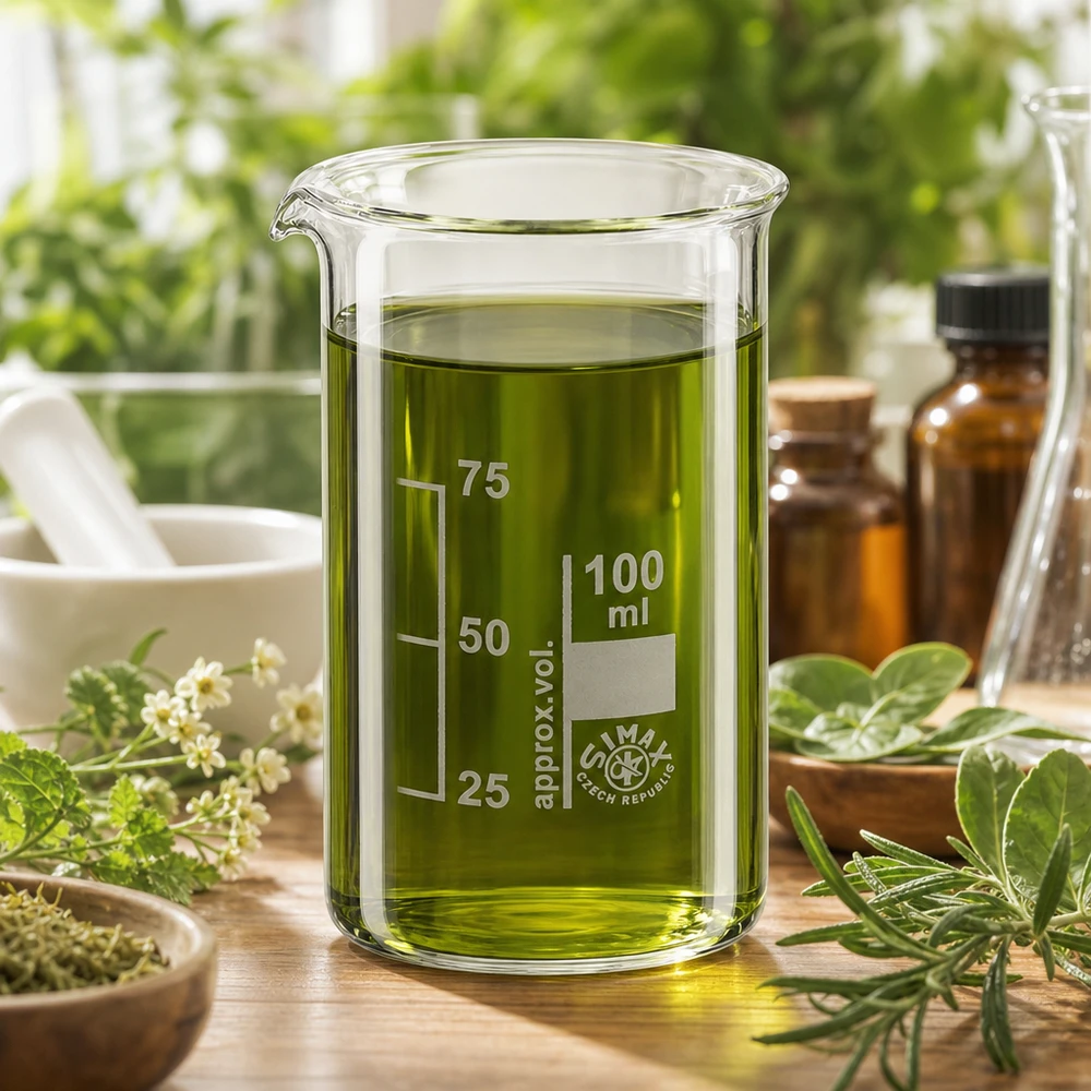 Becherglas 100ml Borosilikatglas, hohe Form Borosilikatglas Becherglas 100ml hohe Form mit grüner Lösung für phytopharmazeutische Anwendungen