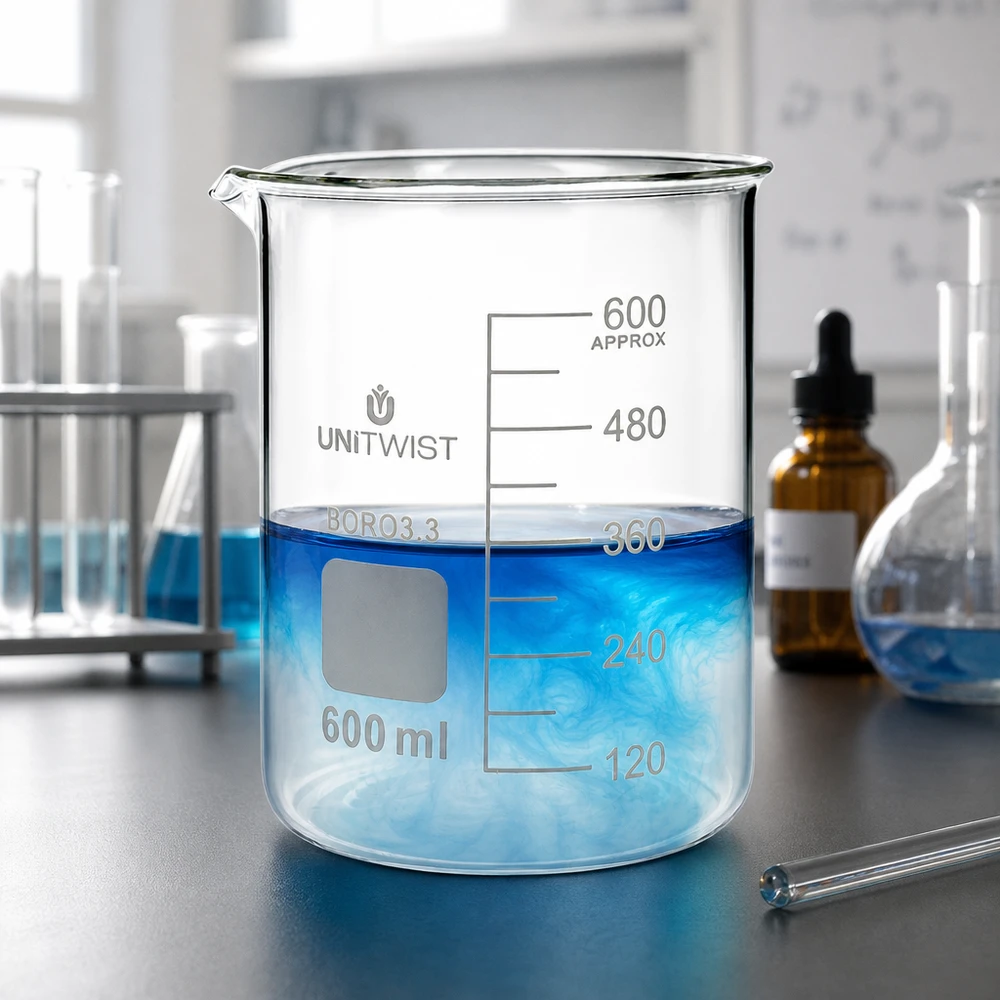 UNiTWIST Messbecherglas 600ml niedrige Form mit Glasstab und Tropfflasche im Labor